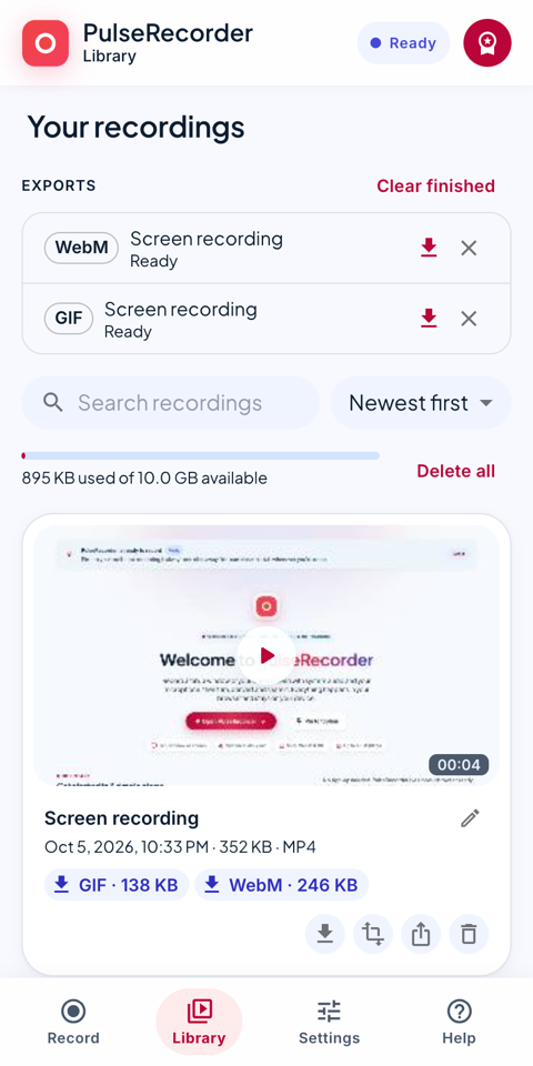 The Library screen: exports list, search box, storage bar and a recording card with its buttons