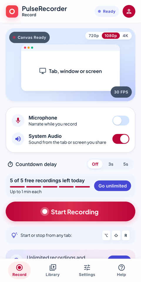 The PulseRecorder panel: preview, audio switches, countdown and the Start Recording button