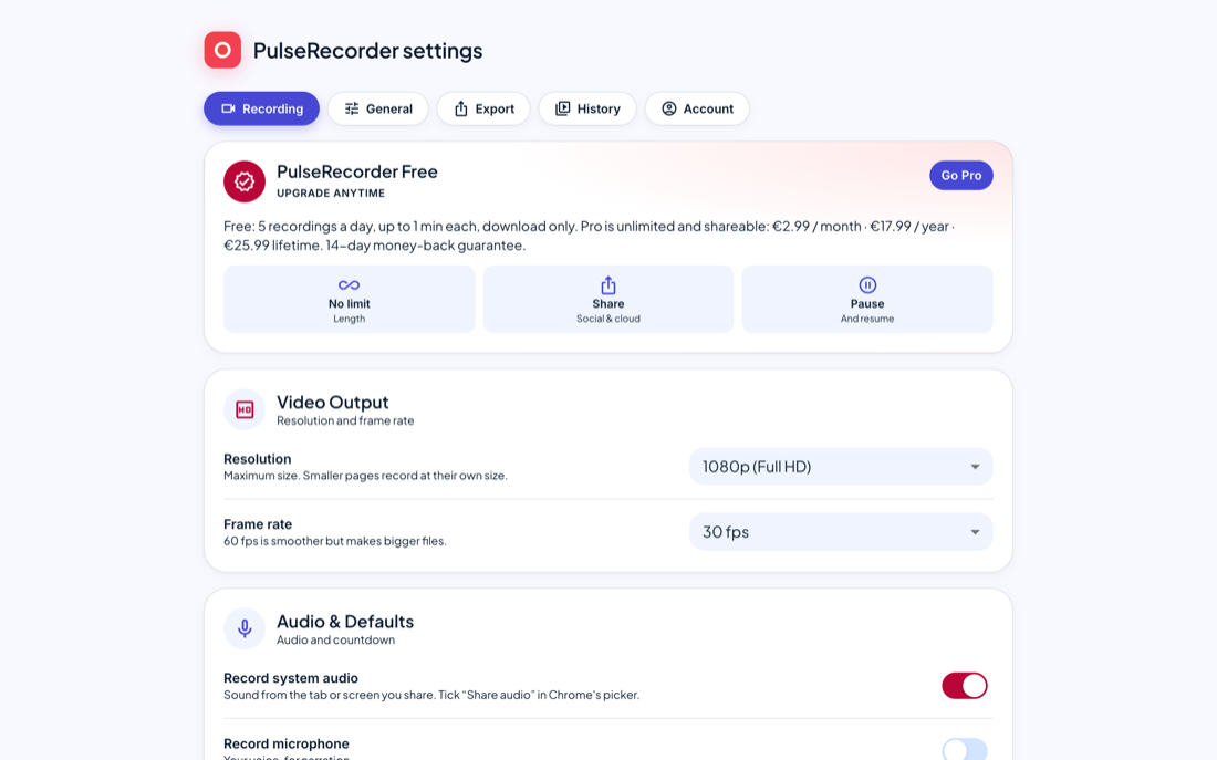 The Settings page on its Recording tab: plan summary, resolution and frame rate, audio defaults