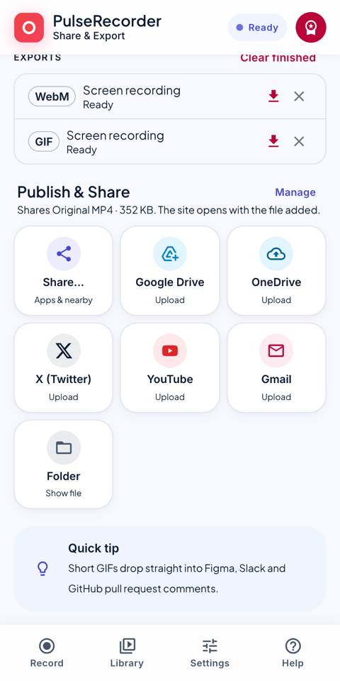 The Publish and Share section: buttons for Share, Google Drive, OneDrive, X, YouTube, Gmail and Folder