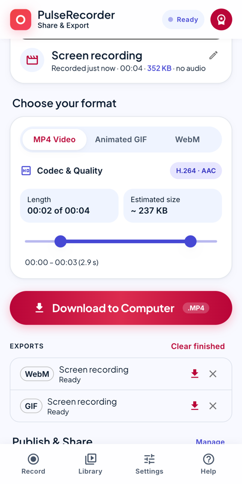 Share and Export with MP4 chosen and the trim bar open: two dots mark the start and end, and the length reads 2 of 4 seconds